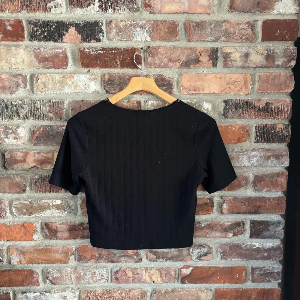 Rihoas Black Lace Trim Ribbed Crop Short Sleeve Shirt Top, S - Picture 6 of 6